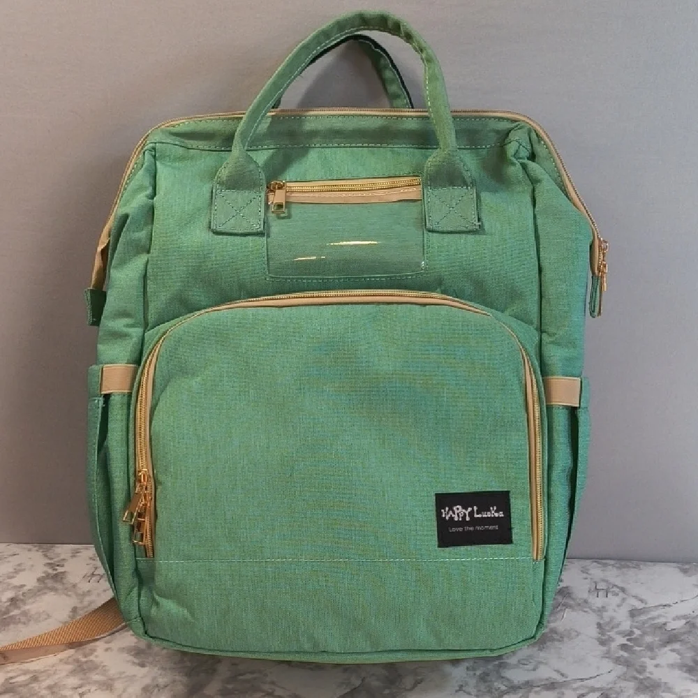 Happy Luoka Green Diaper Backpack W/ Changing Station, Multiple Pockets
